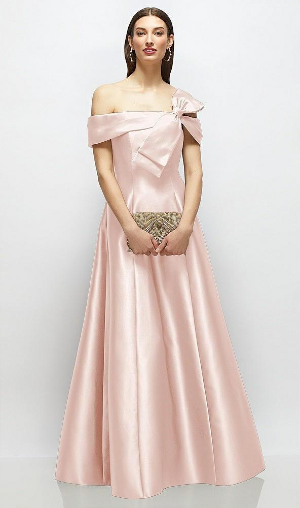 asymmetrical bow off-shoulder satin gown with ballroom skirt