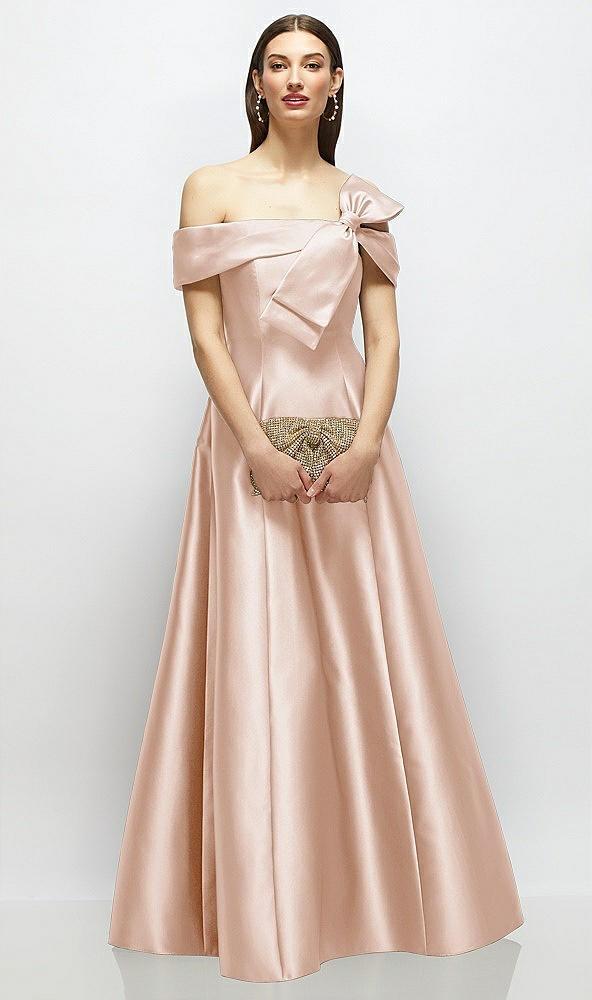 asymmetrical bow off-shoulder satin gown with ballroom skirt