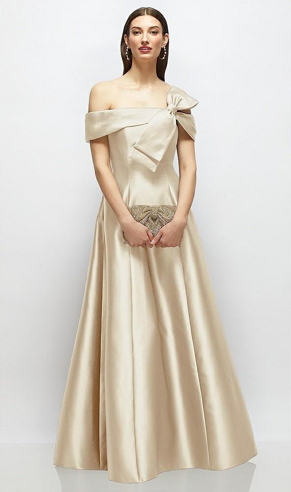 asymmetrical bow off-shoulder satin gown with ballroom skirt