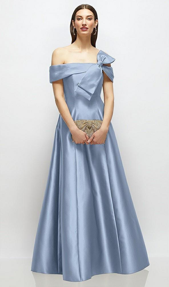 asymmetrical bow off-shoulder satin gown with ballroom skirt