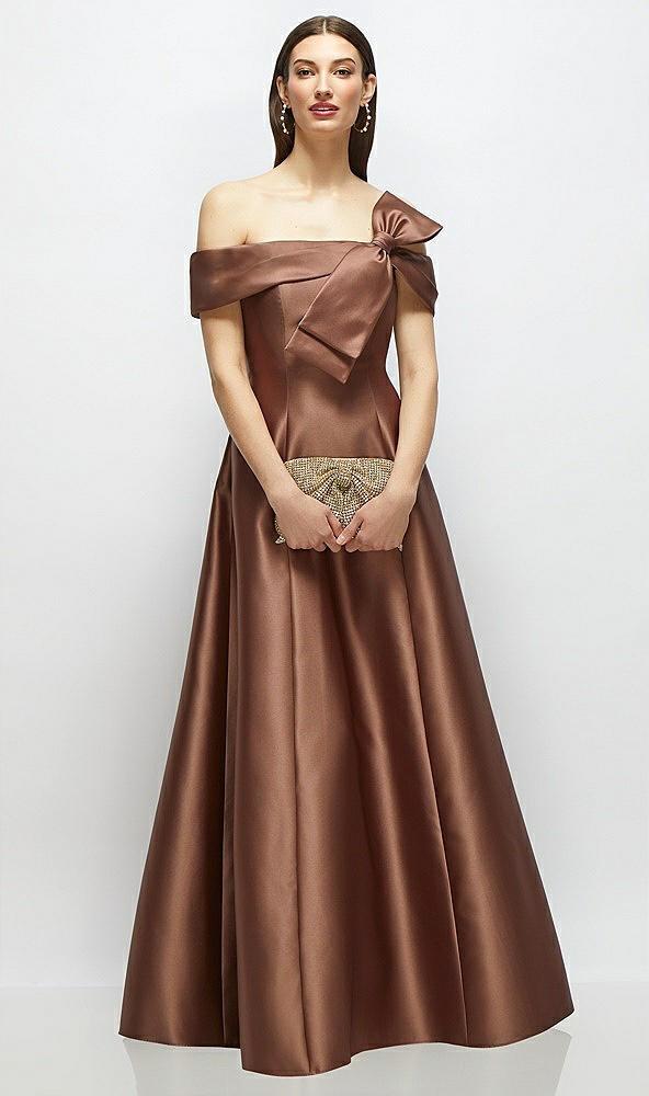 asymmetrical bow off-shoulder satin gown with ballroom skirt