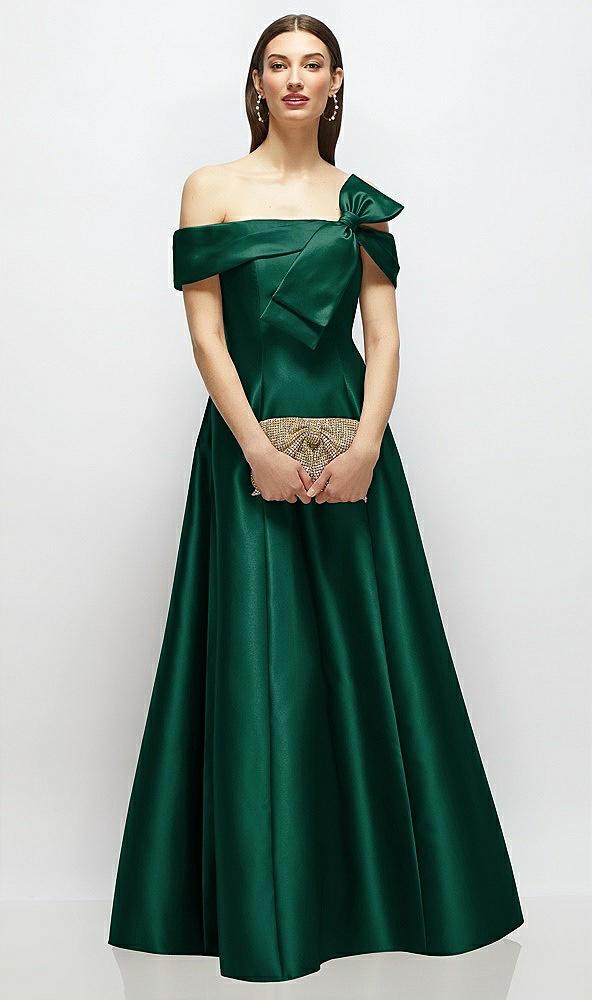 asymmetrical bow off-shoulder satin gown with ballroom skirt
