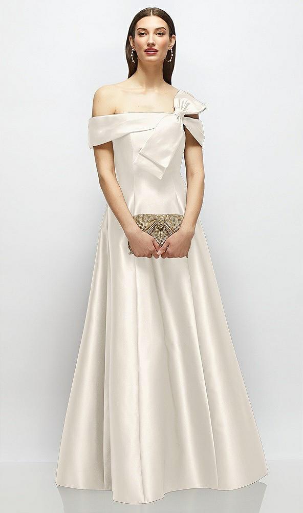 asymmetrical bow off-shoulder satin gown with ballroom skirt