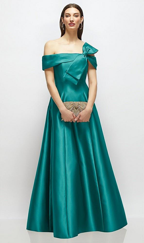 asymmetrical bow off-shoulder satin gown with ballroom skirt