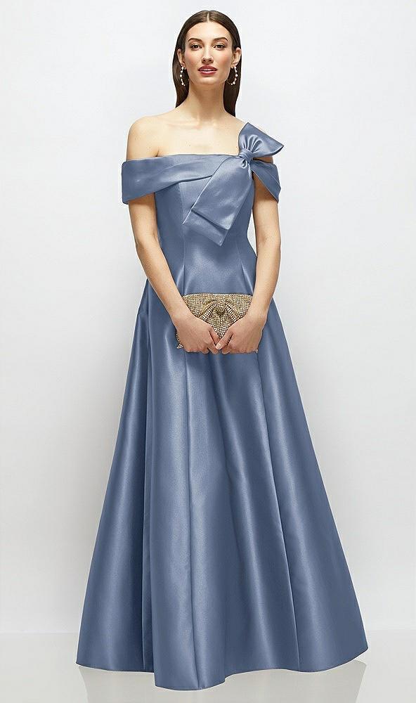 asymmetrical bow off-shoulder satin gown with ballroom skirt