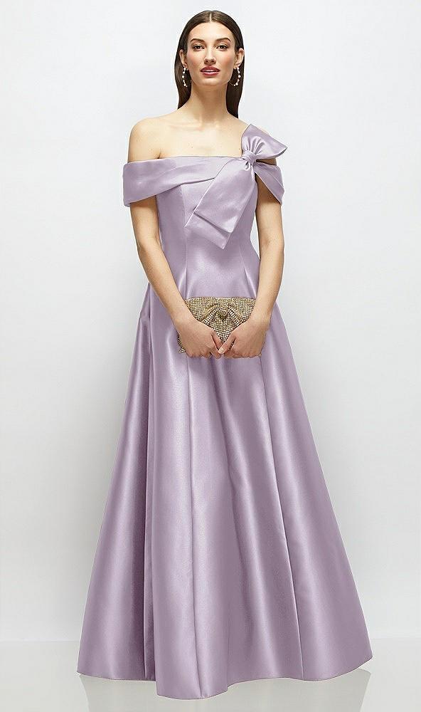 asymmetrical bow off-shoulder satin gown with ballroom skirt