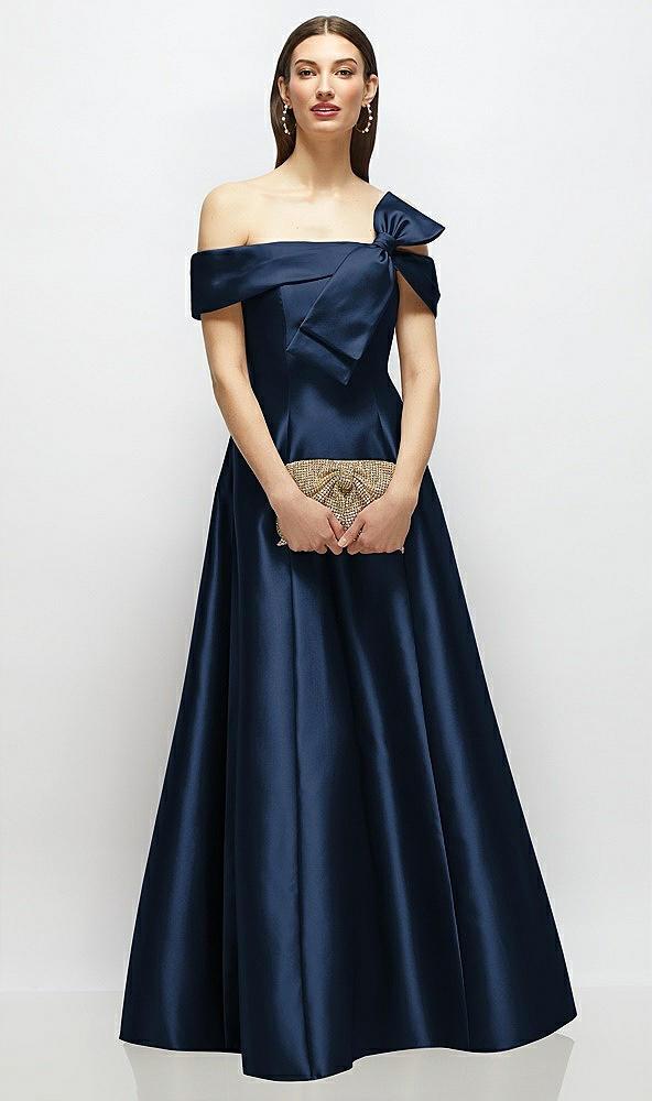 asymmetrical bow off-shoulder satin gown with ballroom skirt