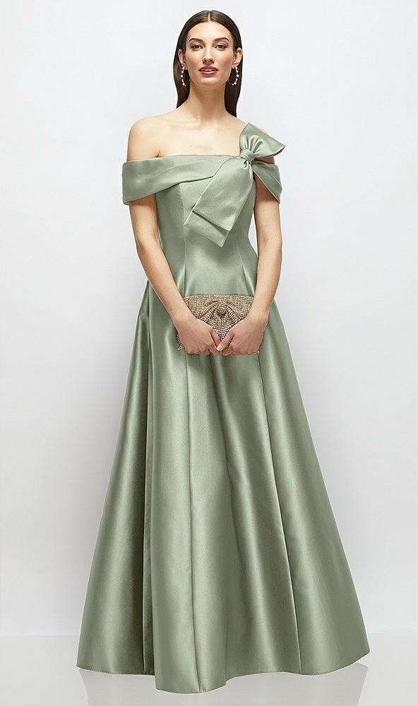 asymmetrical bow off-shoulder satin gown with ballroom skirt