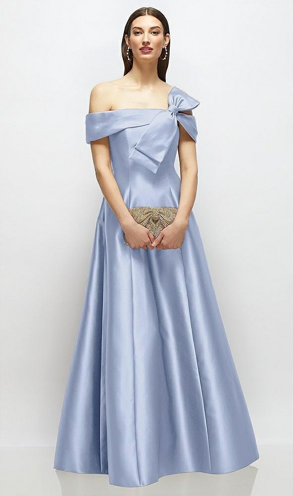 asymmetrical bow off-shoulder satin gown with ballroom skirt