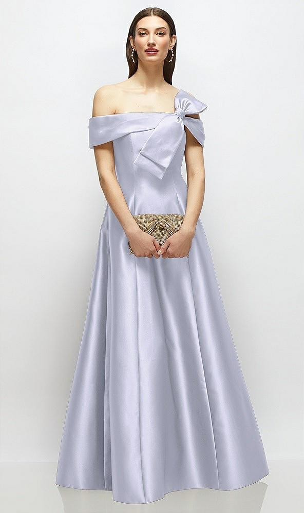 asymmetrical bow off-shoulder satin gown with ballroom skirt