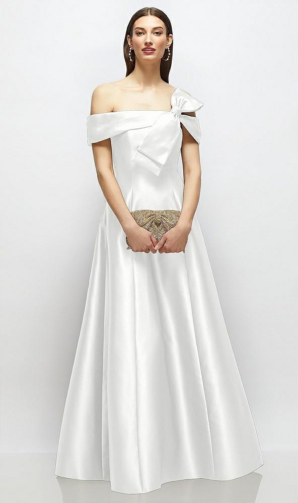 asymmetrical bow off-shoulder satin gown with ballroom skirt