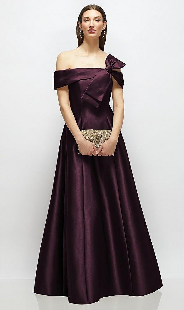 asymmetrical bow off-shoulder satin gown with ballroom skirt