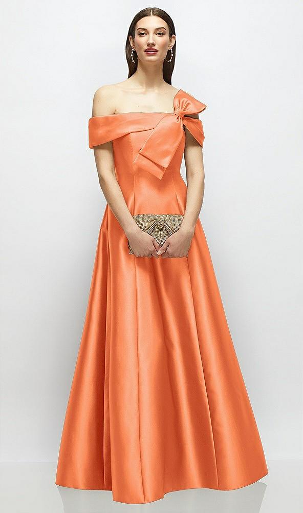 asymmetrical bow off-shoulder satin gown with ballroom skirt