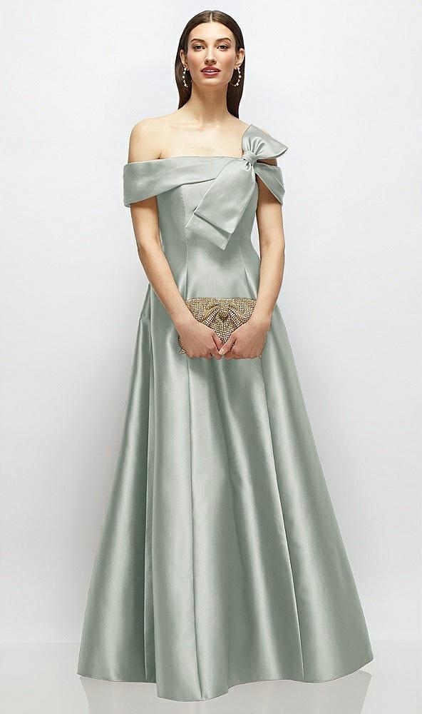 asymmetrical bow off-shoulder satin gown with ballroom skirt