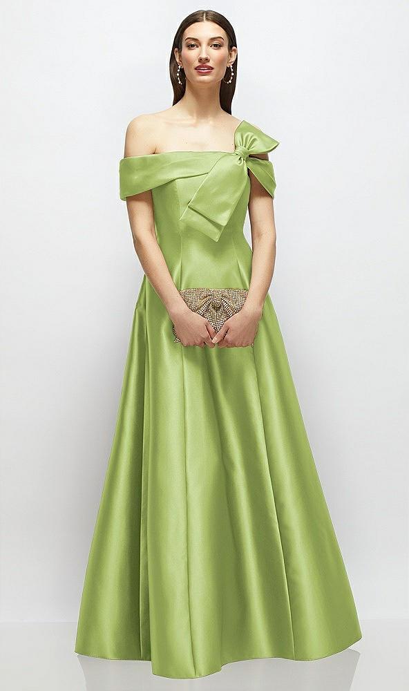 asymmetrical bow off-shoulder satin gown with ballroom skirt