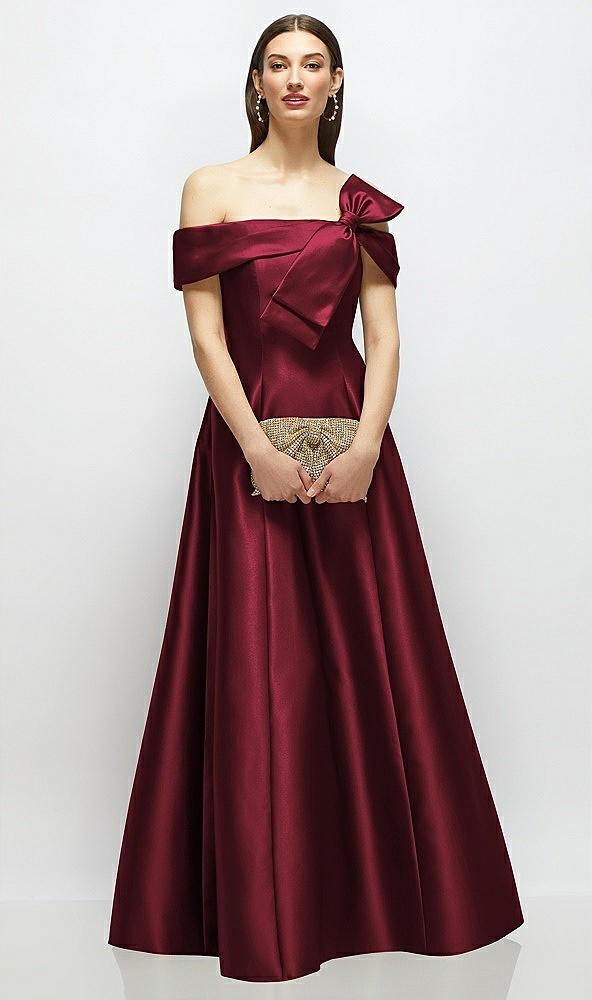 asymmetrical bow off-shoulder satin gown with ballroom skirt