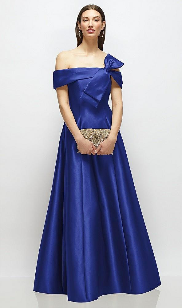 asymmetrical bow off-shoulder satin gown with ballroom skirt