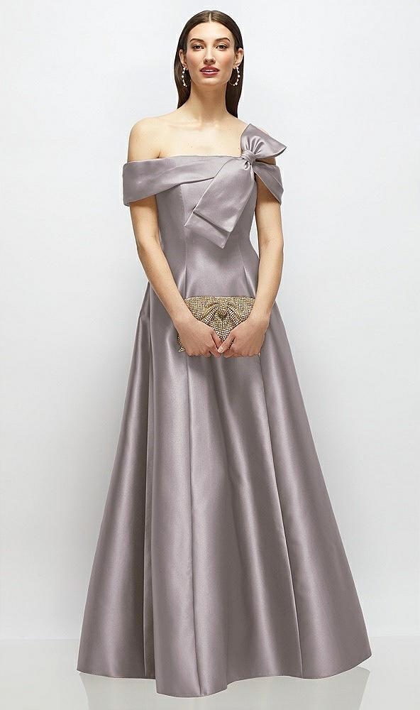 asymmetrical bow off-shoulder satin gown with ballroom skirt