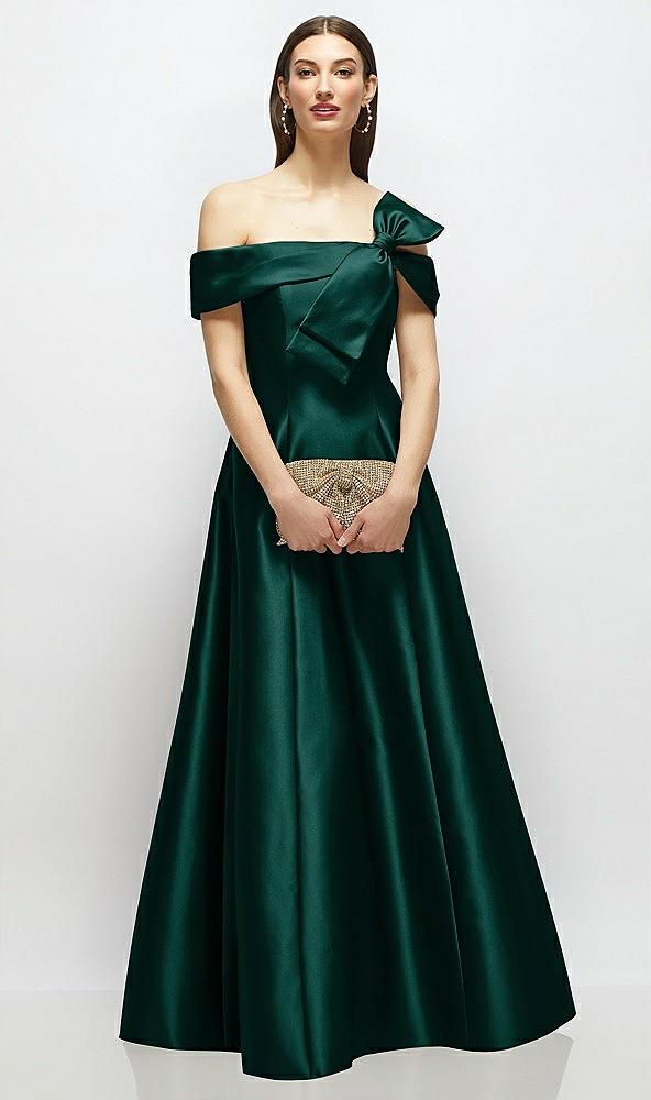 asymmetrical bow off-shoulder satin gown with ballroom skirt