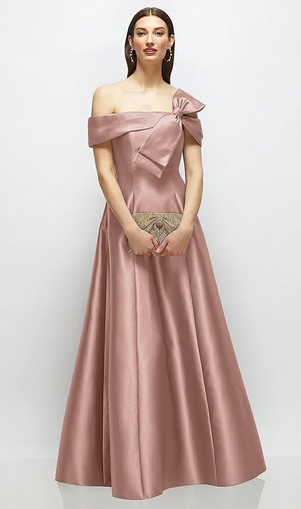asymmetrical bow off-shoulder satin gown with ballroom skirt