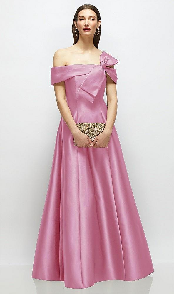 asymmetrical bow off-shoulder satin gown with ballroom skirt