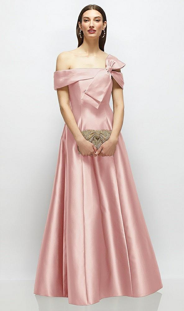 asymmetrical bow off-shoulder satin gown with ballroom skirt
