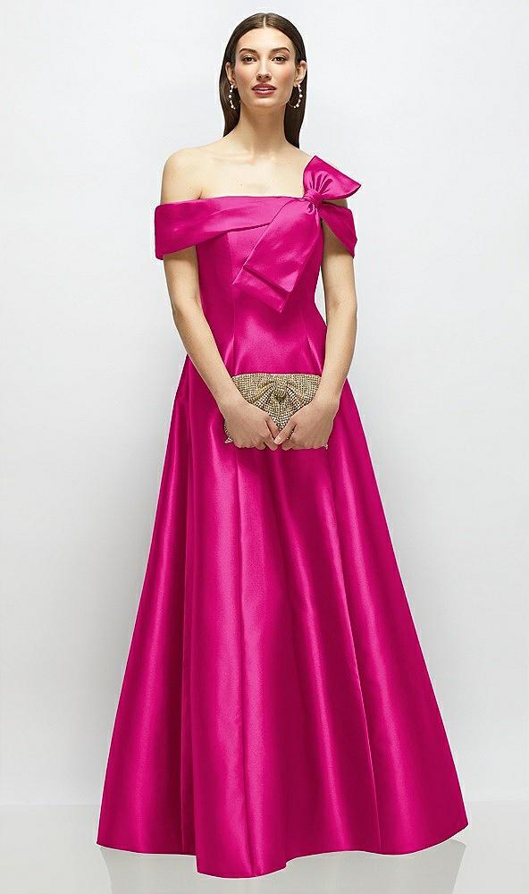 asymmetrical bow off-shoulder satin gown with ballroom skirt