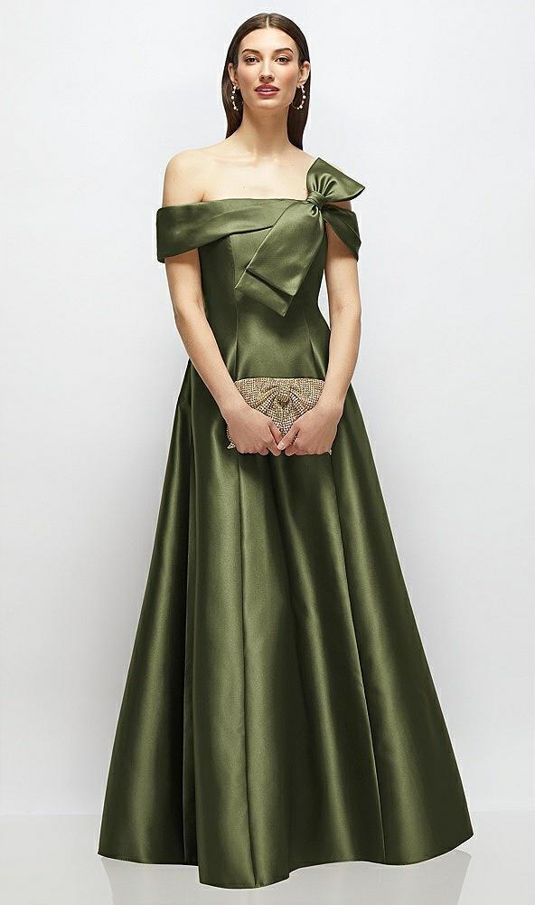 asymmetrical bow off-shoulder satin gown with ballroom skirt