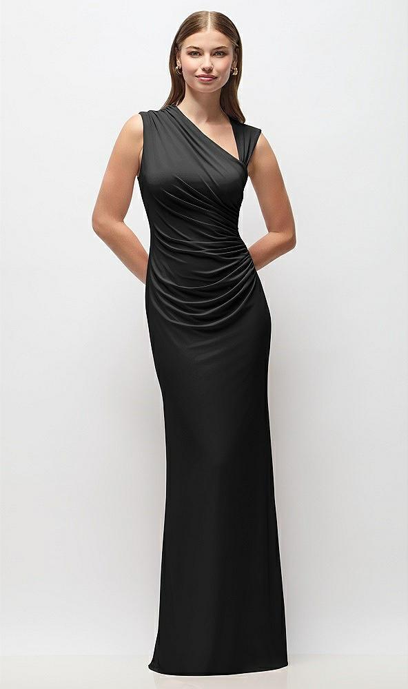 asymmetrical cap sleeve matte jersey column maxi dress with fanned ruching