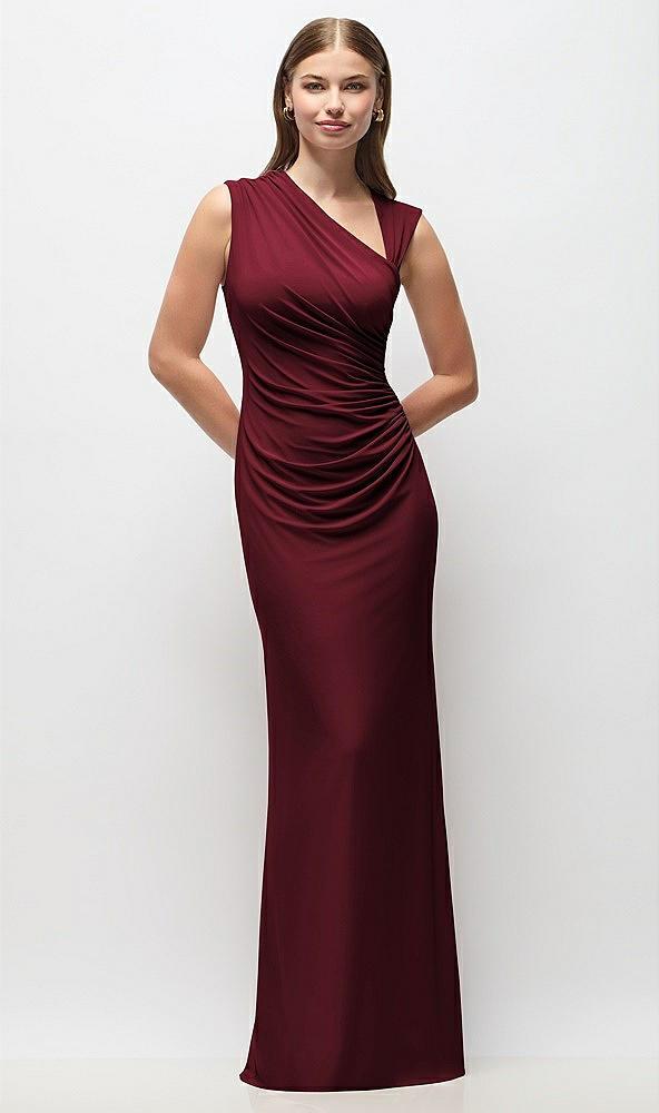 asymmetrical cap sleeve matte jersey column maxi dress with fanned ruching