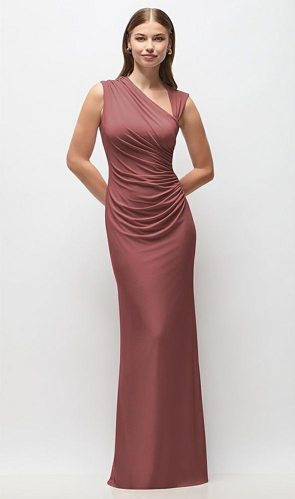 asymmetrical cap sleeve matte jersey column maxi dress with fanned ruching
