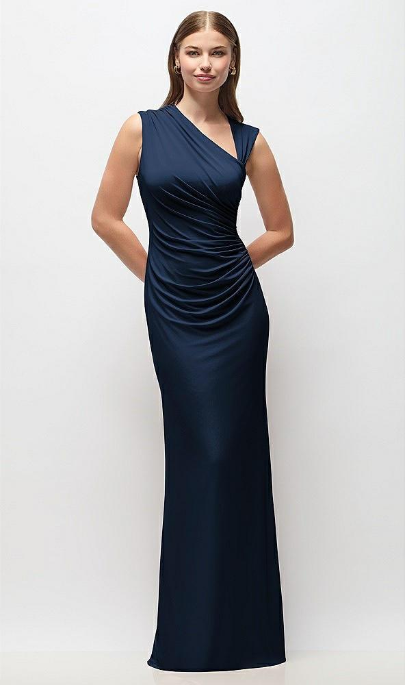 asymmetrical cap sleeve matte jersey column maxi dress with fanned ruching