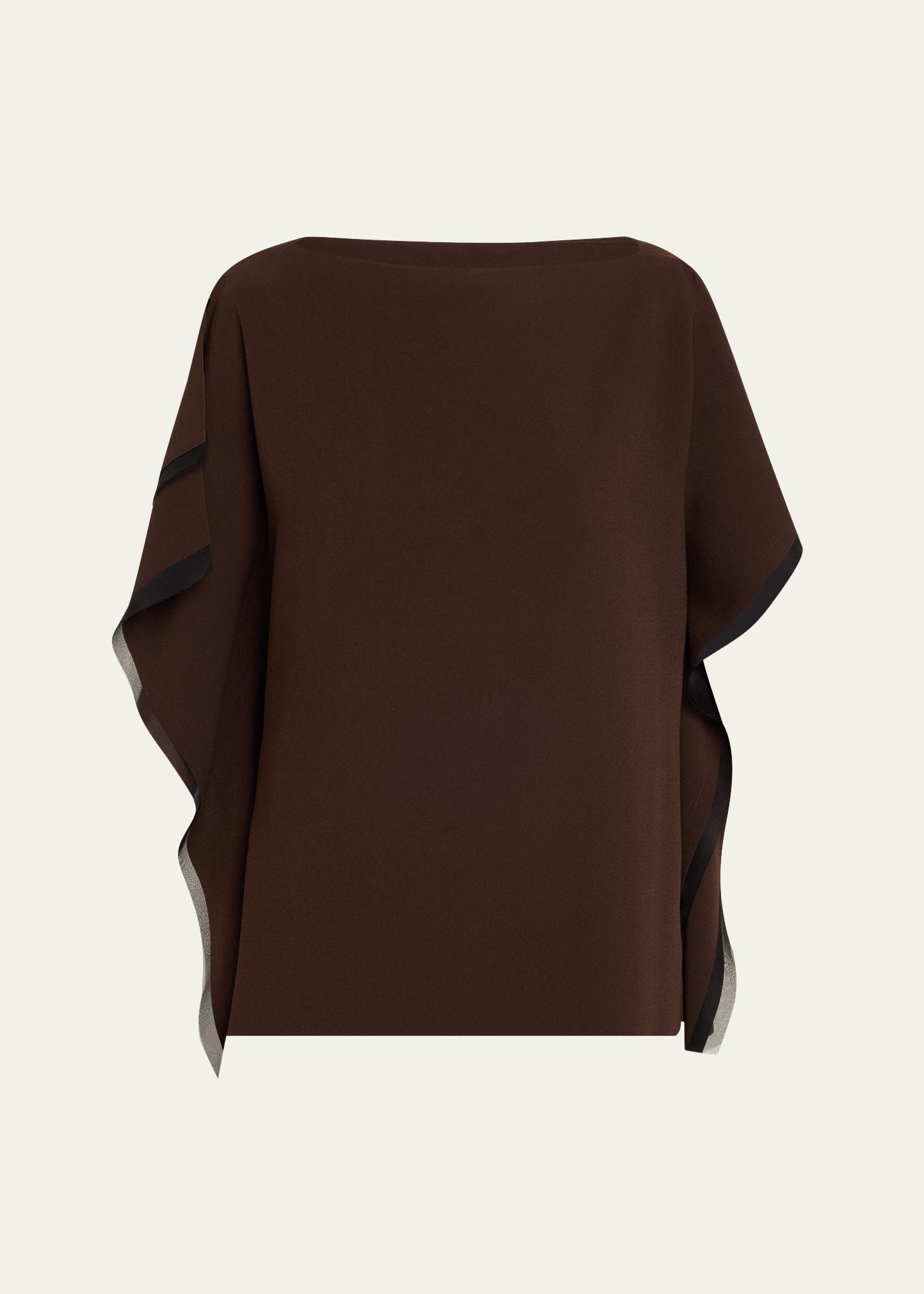 asymmetrical crepe boatneck top with organza trim