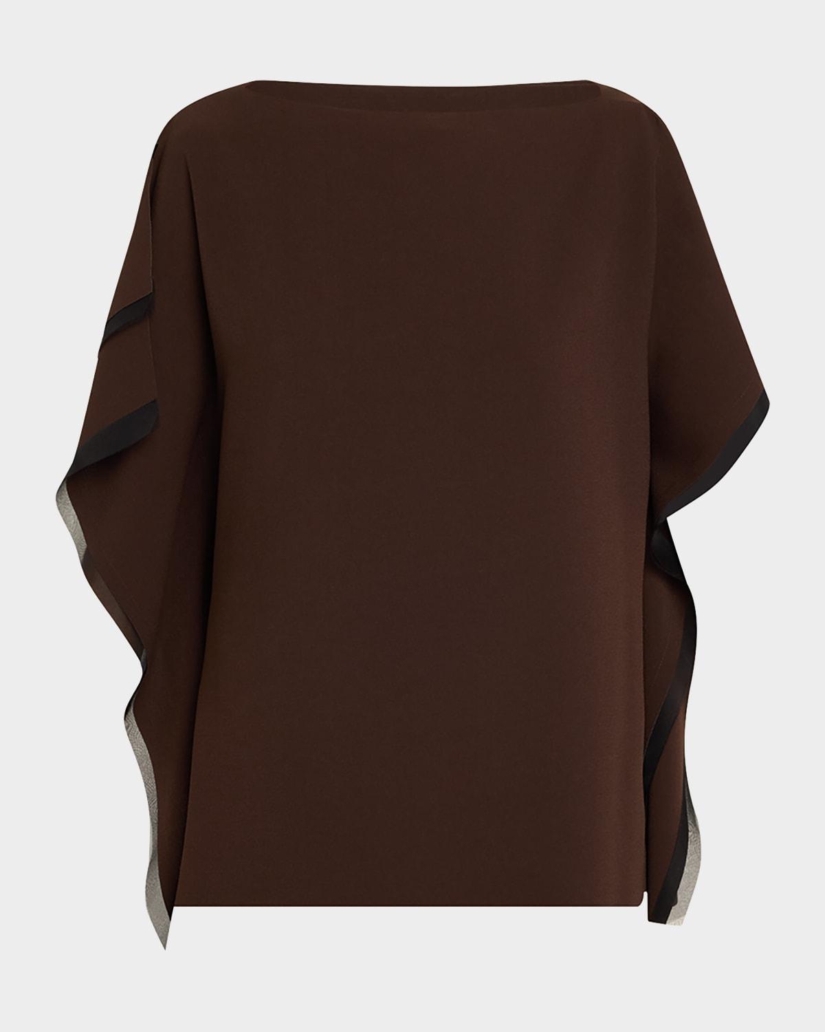asymmetrical crepe boatneck top with organza trim