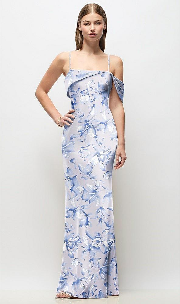 asymmetrical cuff neck floral stretch satin bias maxi dress with adjustable spaghetti straps