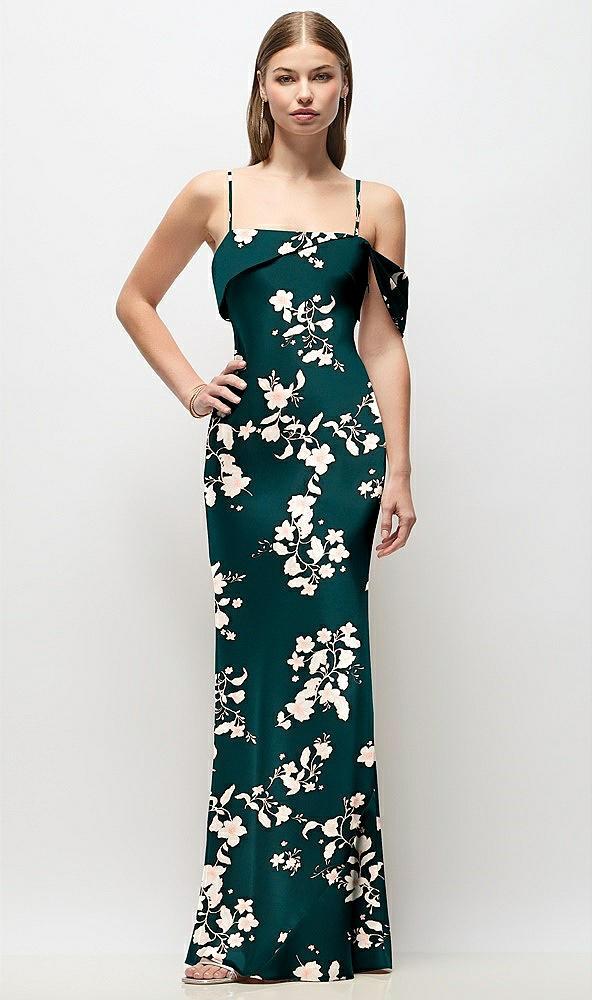 asymmetrical cuff neck floral stretch satin bias maxi dress with adjustable spaghetti straps