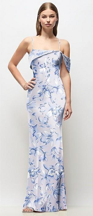 asymmetrical cuff neck floral stretch satin bias maxi dress with adjustable spaghetti straps