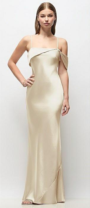 asymmetrical cuff neck stretch satin bias maxi dress with adjustable spaghetti straps