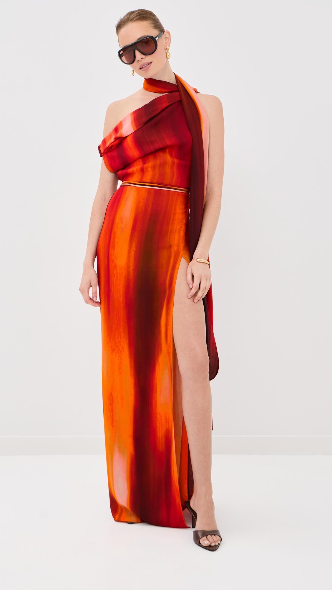 asymmetrical draped dress with scarf