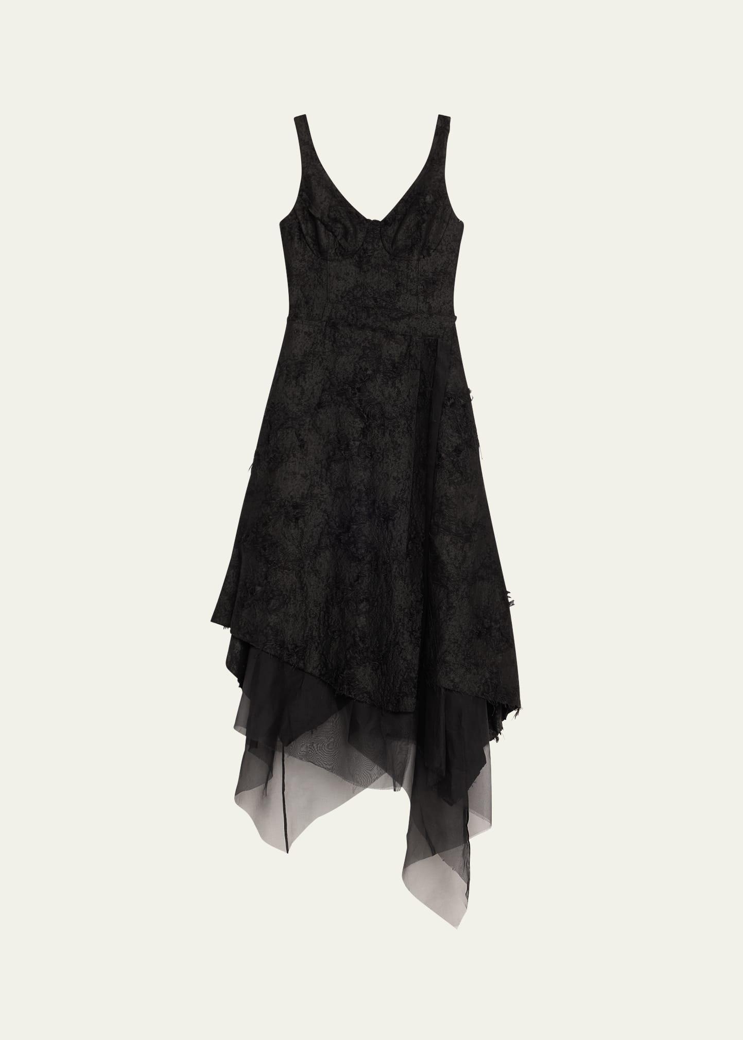 asymmetrical fray jacquard midi dress with bustier