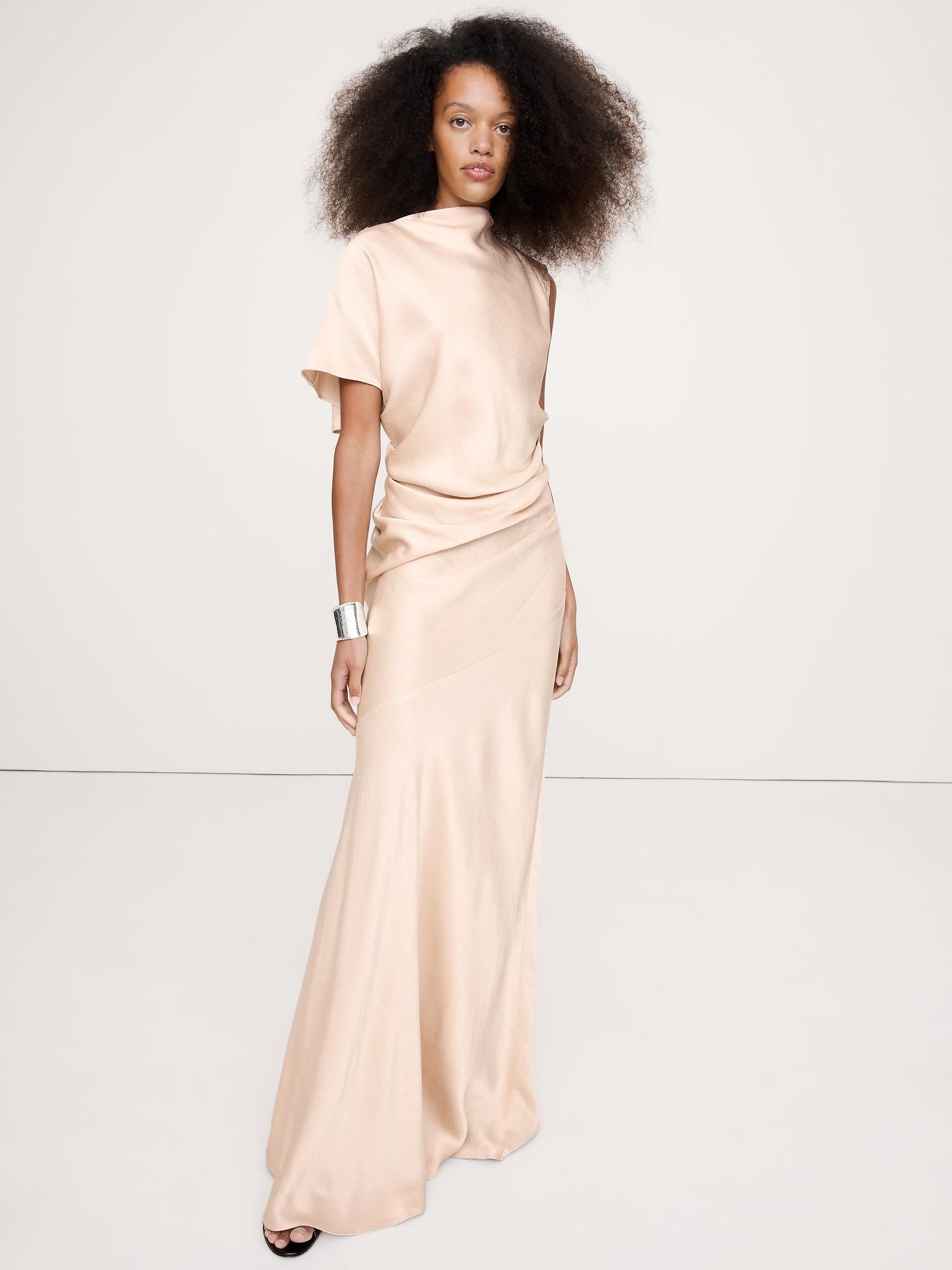 asymmetrical hammered satin draped maxi dress