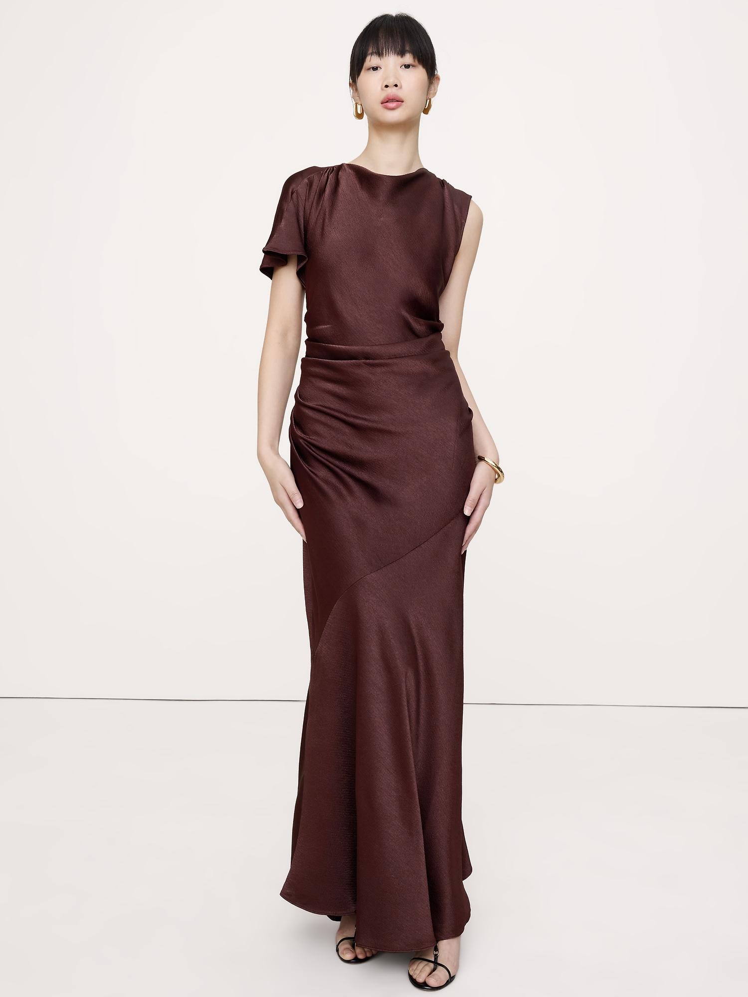 asymmetrical hammered satin draped maxi dress