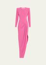 asymmetrical longline drape crepe gown