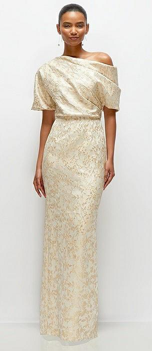 asymmetrical off-the-shoulder champagne filigree brocade maxi dress
