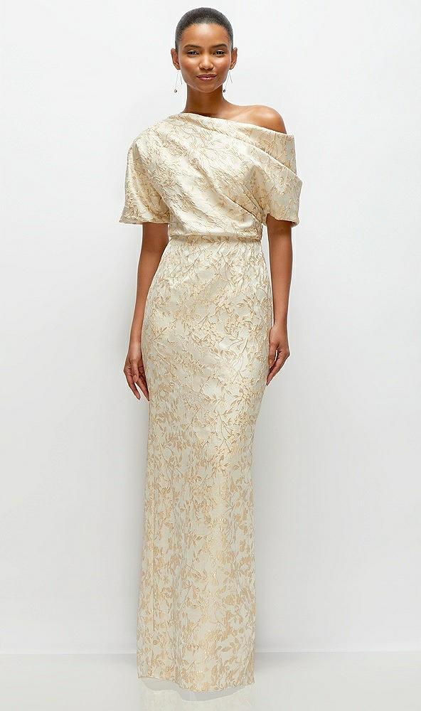 asymmetrical off-the-shoulder champagne filigree brocade maxi dress