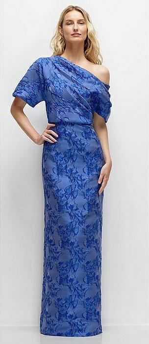 asymmetrical off-the-shoulder cobalt floral metallic jacquard maxi dress