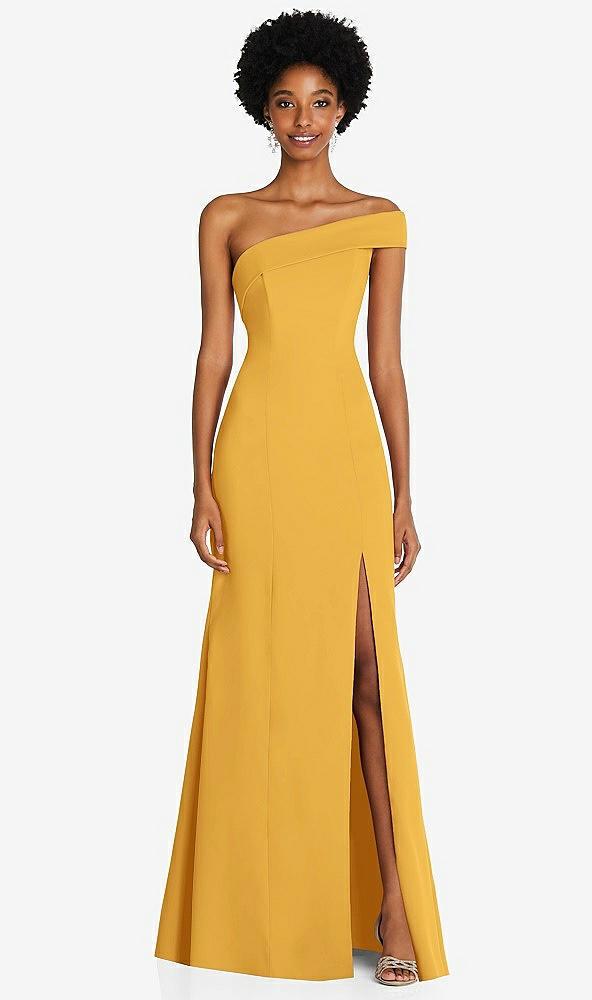 asymmetrical off-the-shoulder cuff trumpet gown with front slit