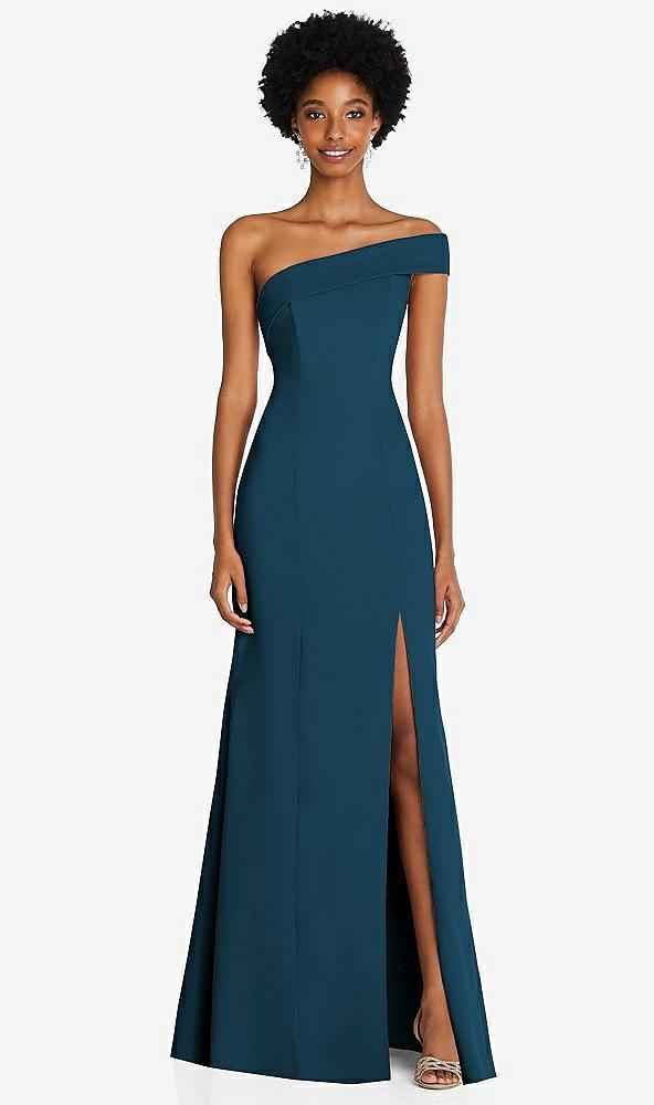 asymmetrical off-the-shoulder cuff trumpet gown with front slit