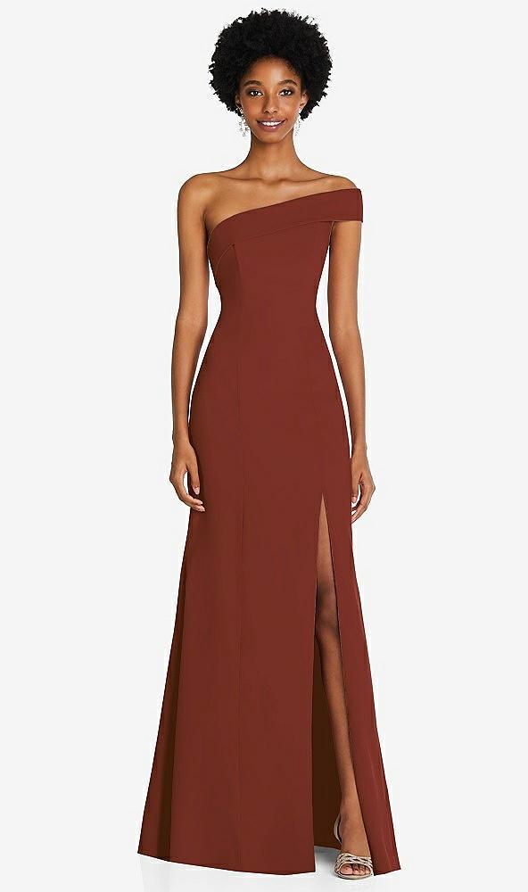 asymmetrical off-the-shoulder cuff trumpet gown with front slit