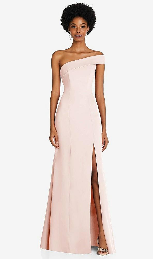 asymmetrical off-the-shoulder cuff trumpet gown with front slit